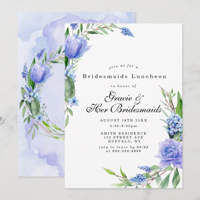 Lilac Blue Floral Bridesmaids Luncheon Invites (Front/Back)