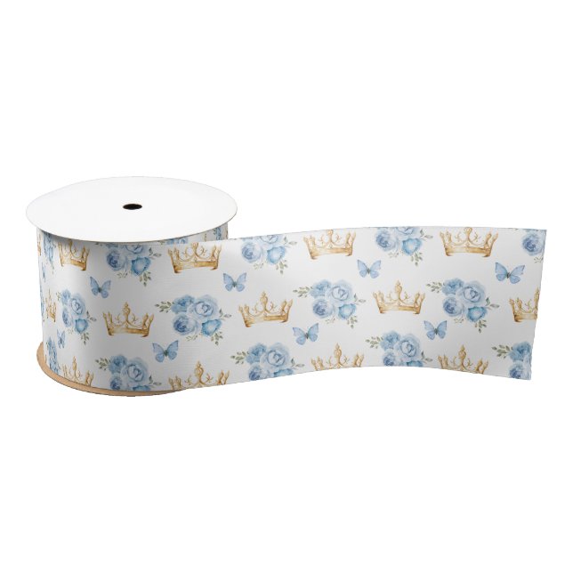 Lilac Blue Flowers and Gold Crowns Satin Ribbon (Spool)