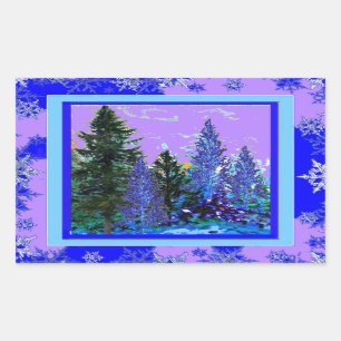 LILAC-BLUE FOREST LANDSCAPE & SNOWFLAKES ART RECTANGULAR STICKER