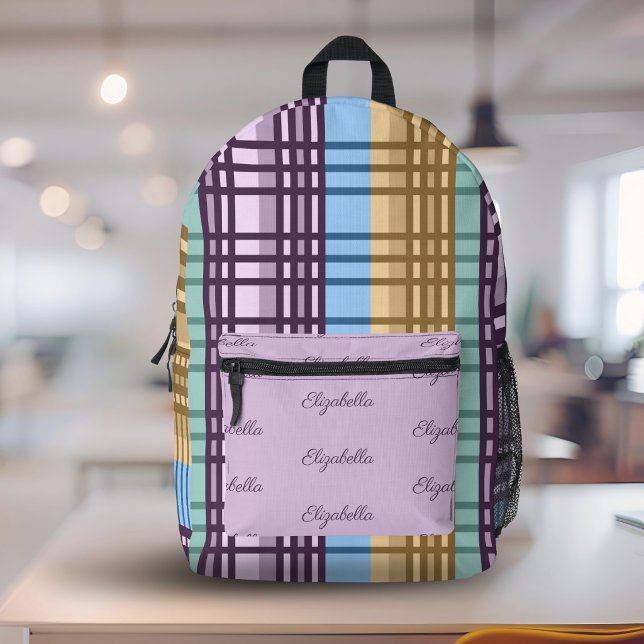 Lilac Blue Gold Green Plaid Pattern Custom Name Printed Backpack (Creator Uploaded)