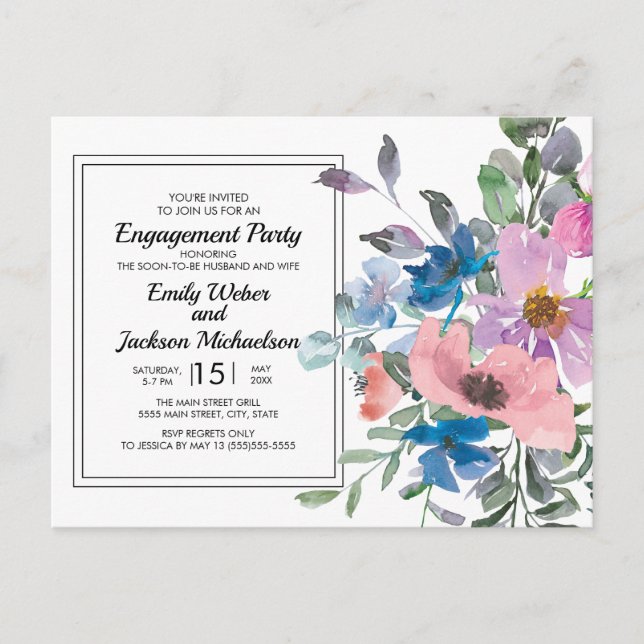 Lilac Blue Pink Watercolor Floral Engagement Party Postcard (Front)