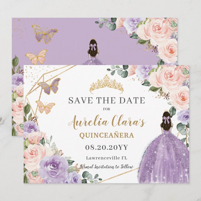 Lilac Blush Floral Gold Quinceanera Sweet Sixteen Save The Date (Front/Back)