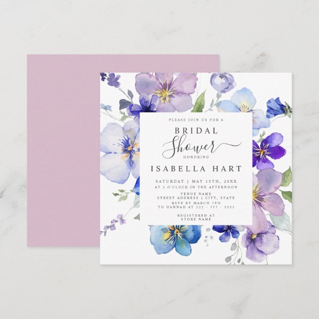 Lilac Blush Mauve Pansy Viola Floral Bridal Shower Invitation (Front/Back)