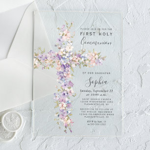Lilac Blush Watercolor Floral Cross 1st Communion Acrylic Invitations