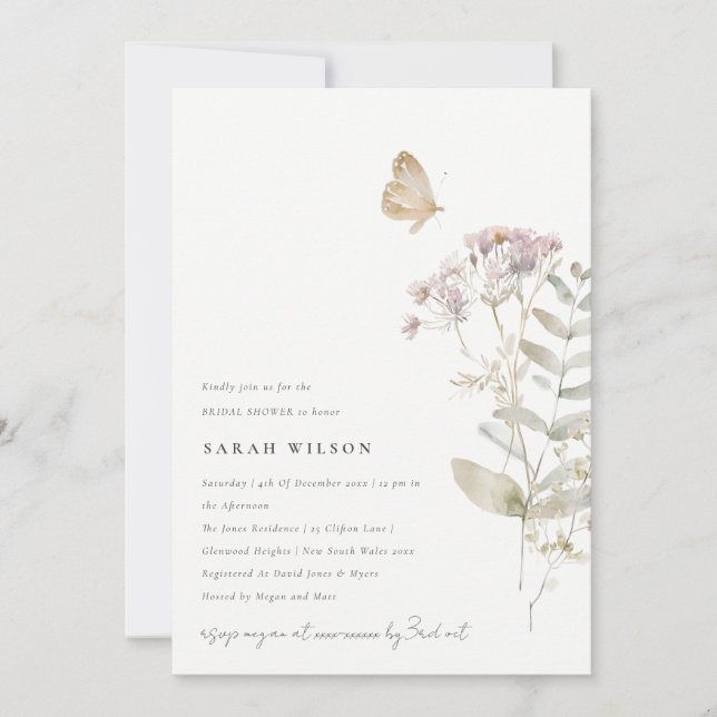 Lilac Boho Wildflower Fern Botanical Bridal Shower Invitation (Front)