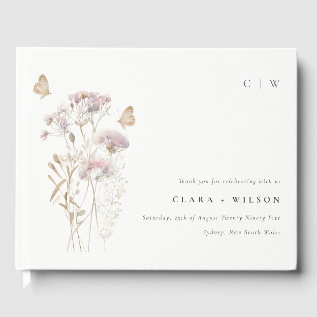 Lilac Boho Wildflower Fern Botanical Wedding Guest Book (Front)