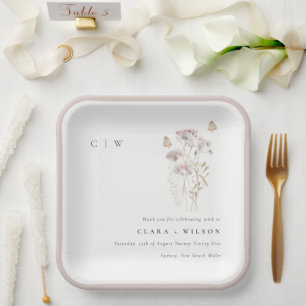 Lilac Boho Wildflower Fern Botanical Wedding Paper Plate
