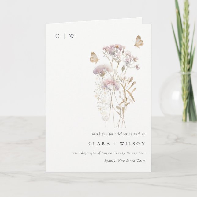 Lilac Boho Wildflower Fern Botanical Wedding Thank You Card (Front)