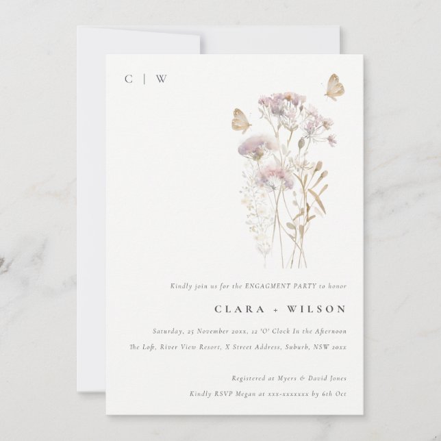 Lilac Boho Wildflower Fern Foliage Engagement Invitation (Front)