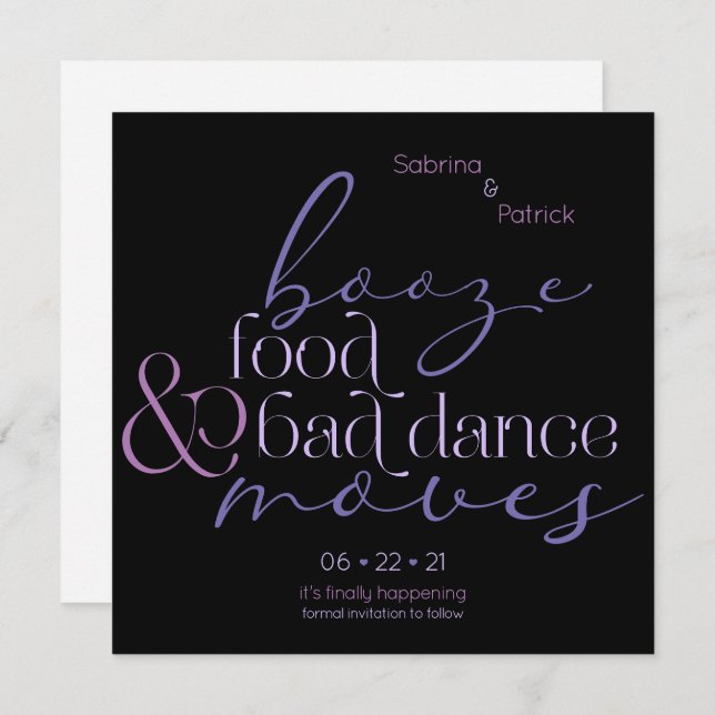 Lilac Booze Food Bad Dance Moves Save theDate Invitation (Front/Back)