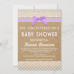 Lilac Bow Lace Burlap Baby Shower Invitation