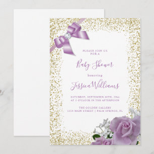 Lilac Bow & Roses, Gold Glitter Baby Shower Party Invitation