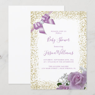 Lilac Bow & Roses, Gold Glitter Baby Shower Party Invitation