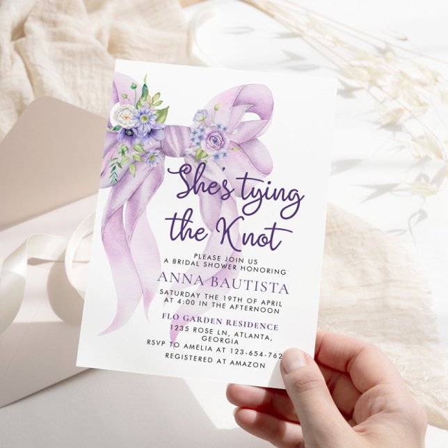 Lilac Bow Shes Tying the Knot Floral Bridal Shower Invitation (Creator Uploaded)