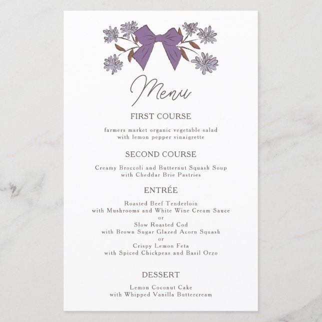 Lilac Bows Flower Wedding Dinner Menu (Front)