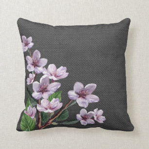 Lilac Branches Watercolor Flowers Burlap Look Cushion