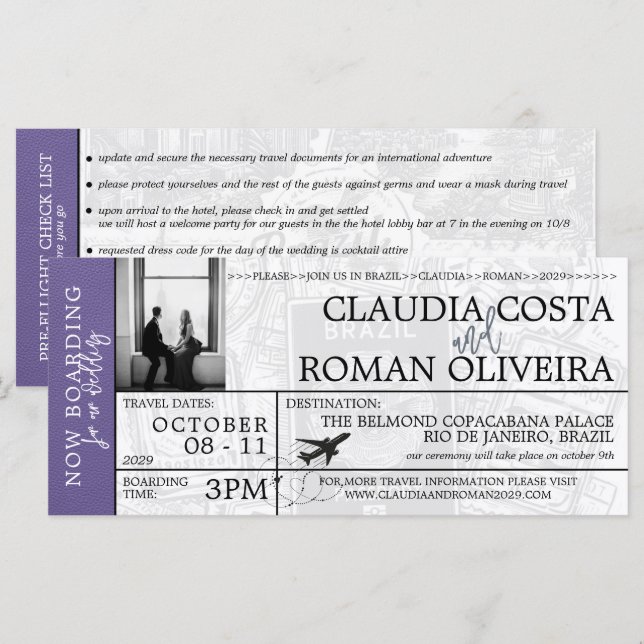 Lilac Brazil Wedding Boarding Pass Invitation (Front/Back)