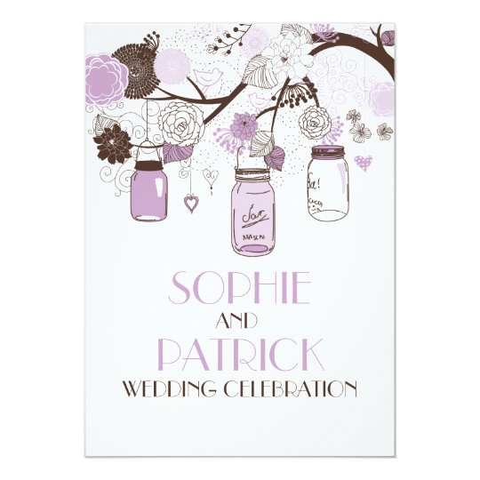 Lilac & Brown Mason Jars Floral Wedding Invitation