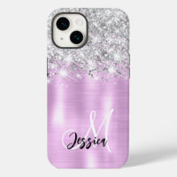 Lilac Brushed Metal Silver Glitter Monogram