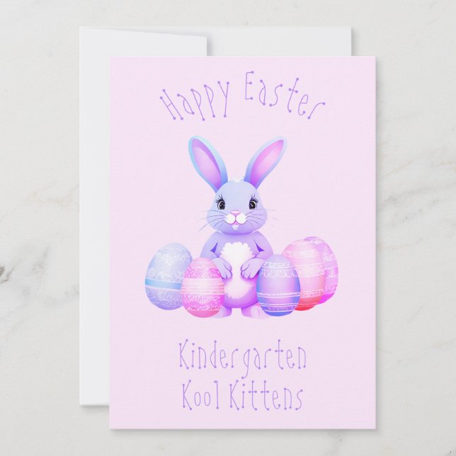 Lilac Bunny And Pastel Easter Eggs Kindergarten Holiday Card (Front)