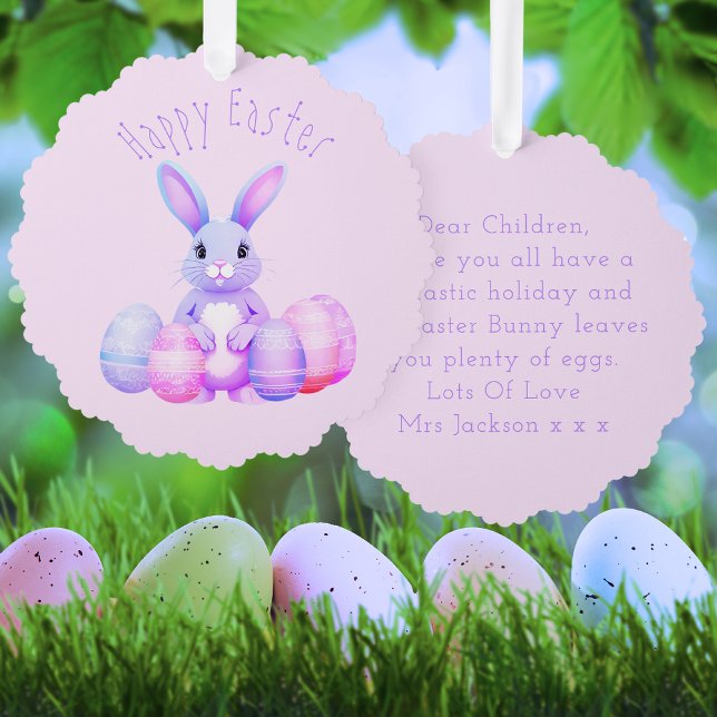 Lilac Bunny And Pink Easter Eggs Kindergarten  Tree Decoration Card (Front And Back)