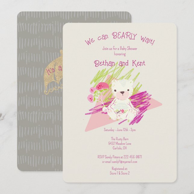 Lilac Burnished Boho Teddy Bear Baby Shower Invitation (Front/Back)