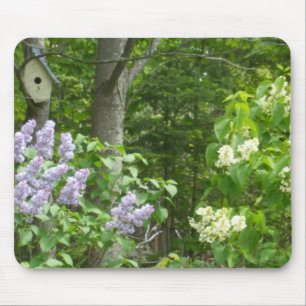 Lilac Bush and Bird House Mouse Mat