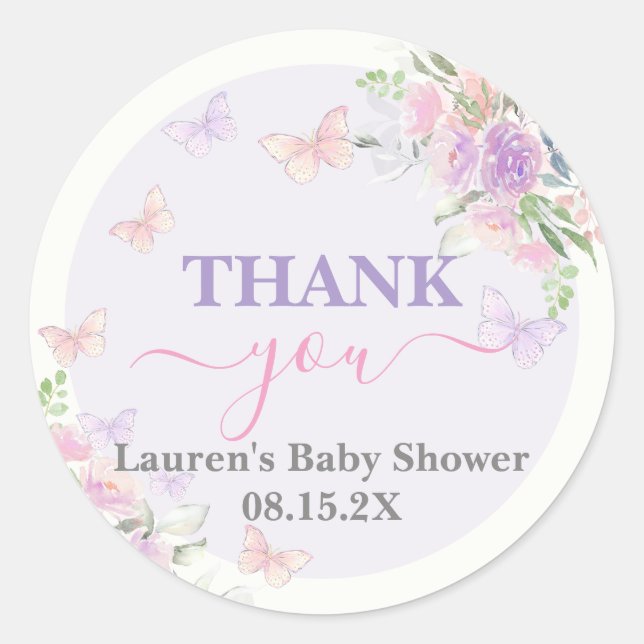 Lilac Butterfly Baby Shower Girl Classic Round Sticker (Front)