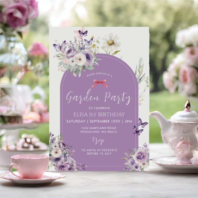 Lilac Butterfly First Birthday Garden Party  Invitation (Creator Uploaded)