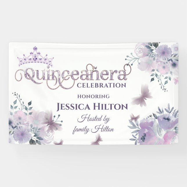Lilac Butterfly floral garden tiara Quinceañera In Banner (Horizontal)
