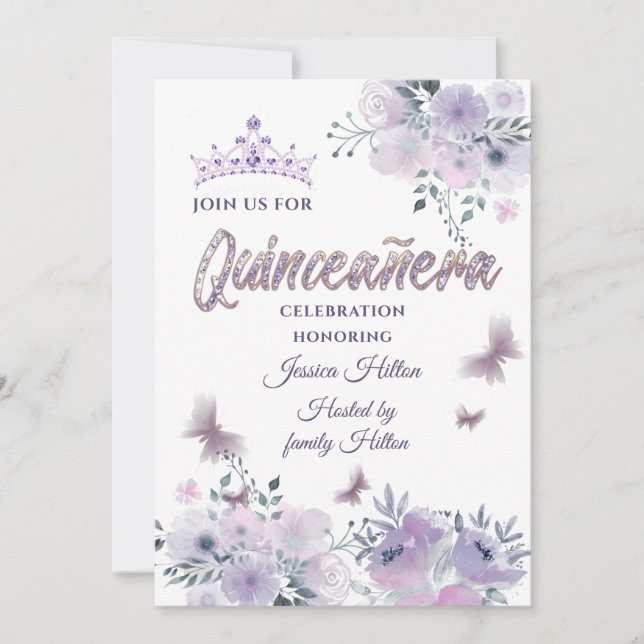Lilac Butterfly floral garden tiara Quinceañera In Invitation (Front)