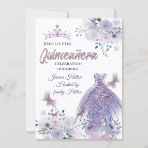 Lilac Butterfly floral garden tiara Quinceañera  Invitation