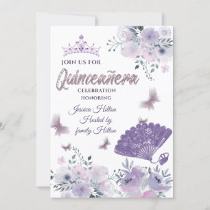 Lilac Butterfly floral hand fan tiara Quinceañera Invitation