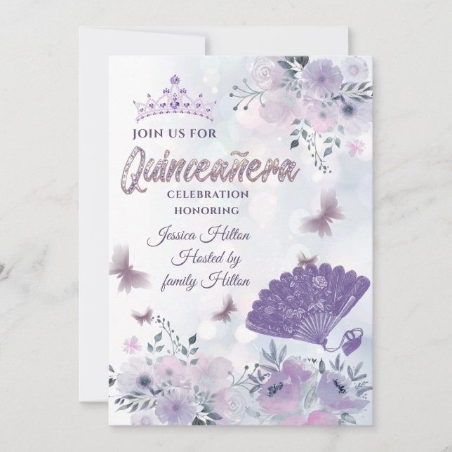 Lilac Butterfly floral hand fan tiara Quinceañera Invitation (Front)