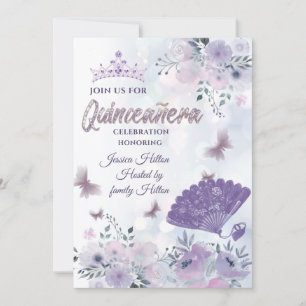 Lilac Butterfly floral hand fan tiara Quinceañera Invitation
