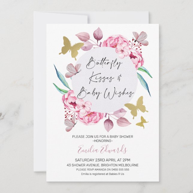 Lilac Butterfly Kisses Baby Wishes Baby Shower Invitation (Front)