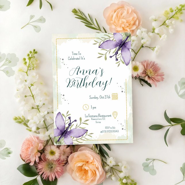 Lilac Butterfly Watercolour Birthday Invitation (Creator Uploaded)