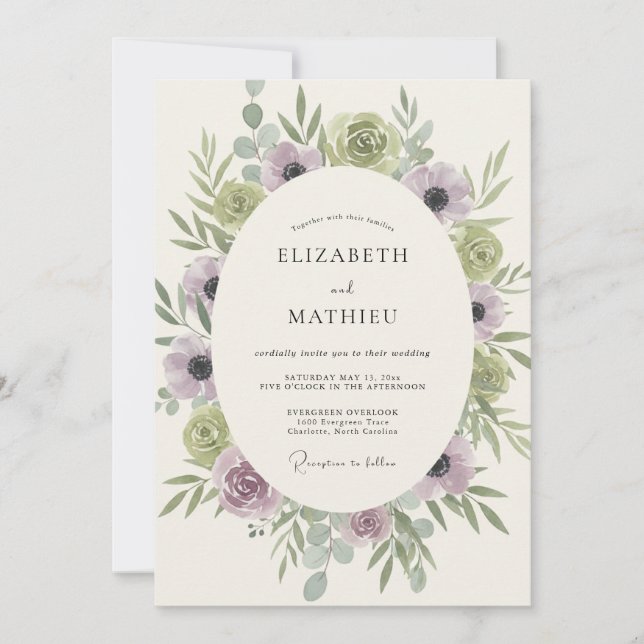 Lilac Celadon Wreath Wedding Invitation (Front)
