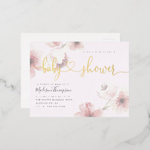 Lilac   Cherry Blossom Gold Floral Baby Shower Foil Invitation Postcard