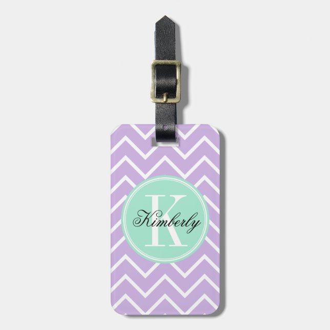 Lilac Chevron with Mint Monogram Luggage Tag (Front Vertical)