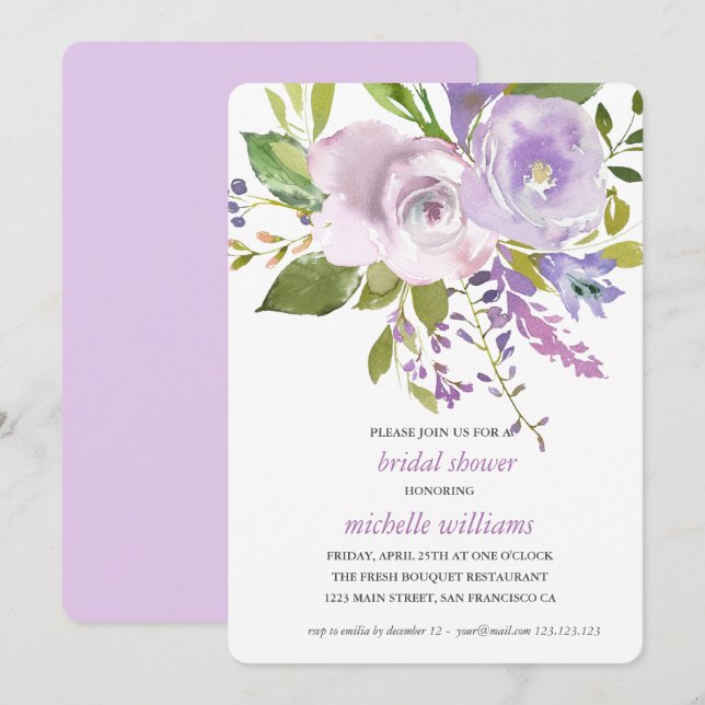 Lilac | Chic Lavender Floral Wedding Bridal Shower Invitation (Front/Back)