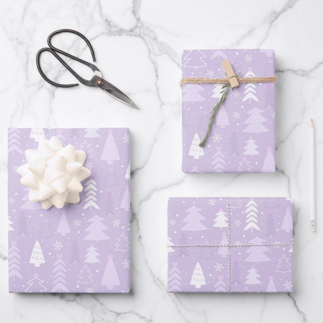 Lilac Christmas trees Xmas wrapping paper sheets (Front)