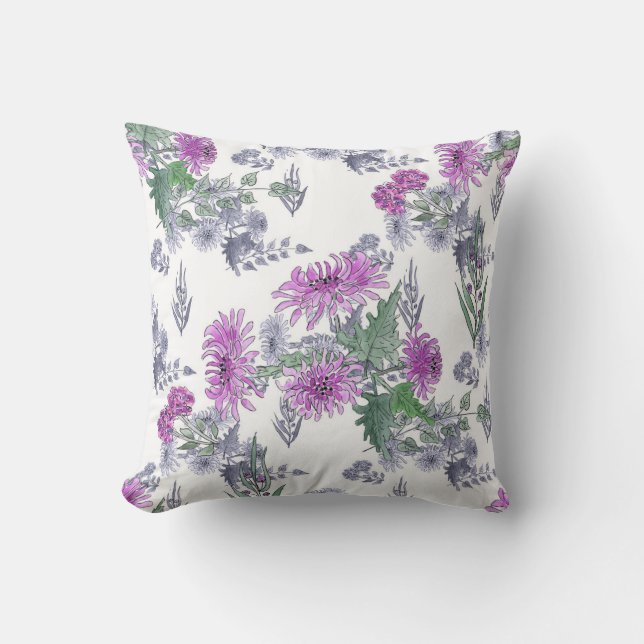 Lilac chrysanthemums , watercolor cushion (Front)
