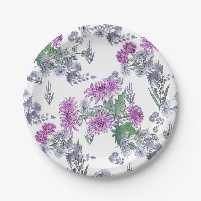 Lilac chrysanthemums , watercolor paper plate (Front)