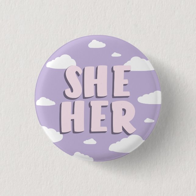 Lilac Clouds She/Her Pronouns  3 Cm Round Badge (Front)