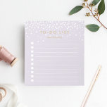 Lilac | Confetti Dots Personalised To-Do List Notepad<br><div class="desc">Chic personalised notepad features "to do list" at the top with your name beneath, in dark antique gold lettering on a pastel lavender purple background dotted with white confetti dots raining from the top. Keep track of all your important items with this lined to-do list note pad featuring 10 checkboxes....</div>