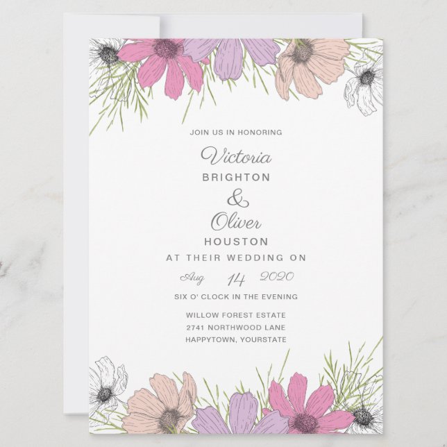 Lilac Cosmos Flower Wedding Invitations (Front)