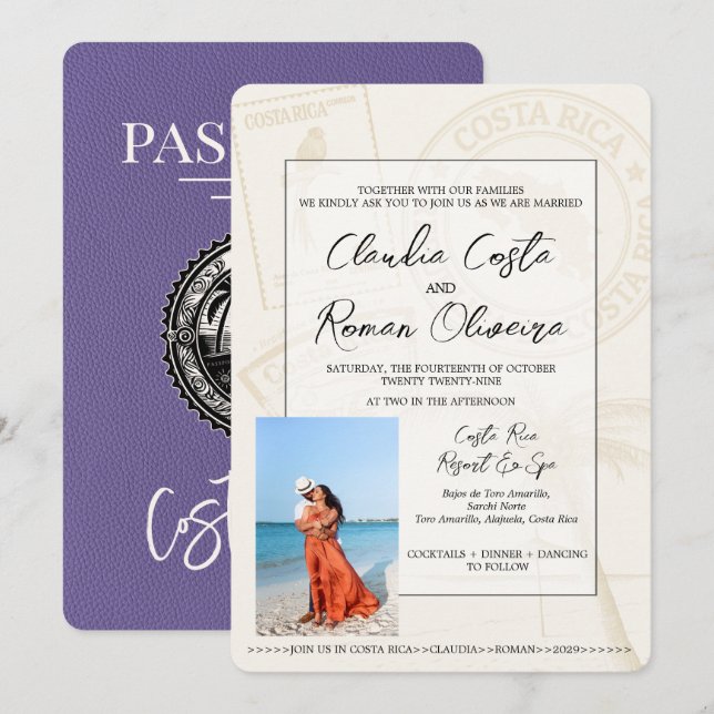Lilac Costa Rica Passport Wedding Invitation (Front/Back)