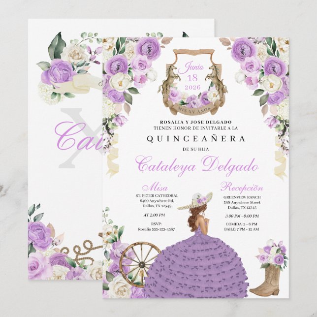 Lilac Cowgirl Western Princess Quinceañera Invitation (Front/Back)