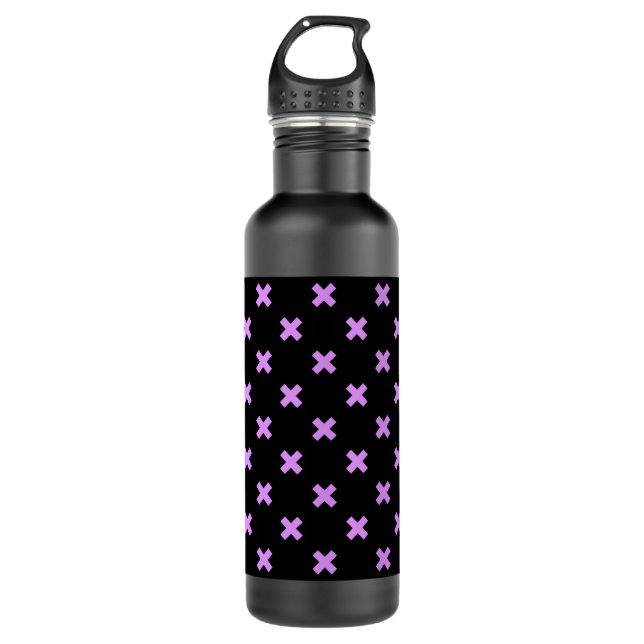 Lilac cross stitches on black 710 ml water bottle (Front)